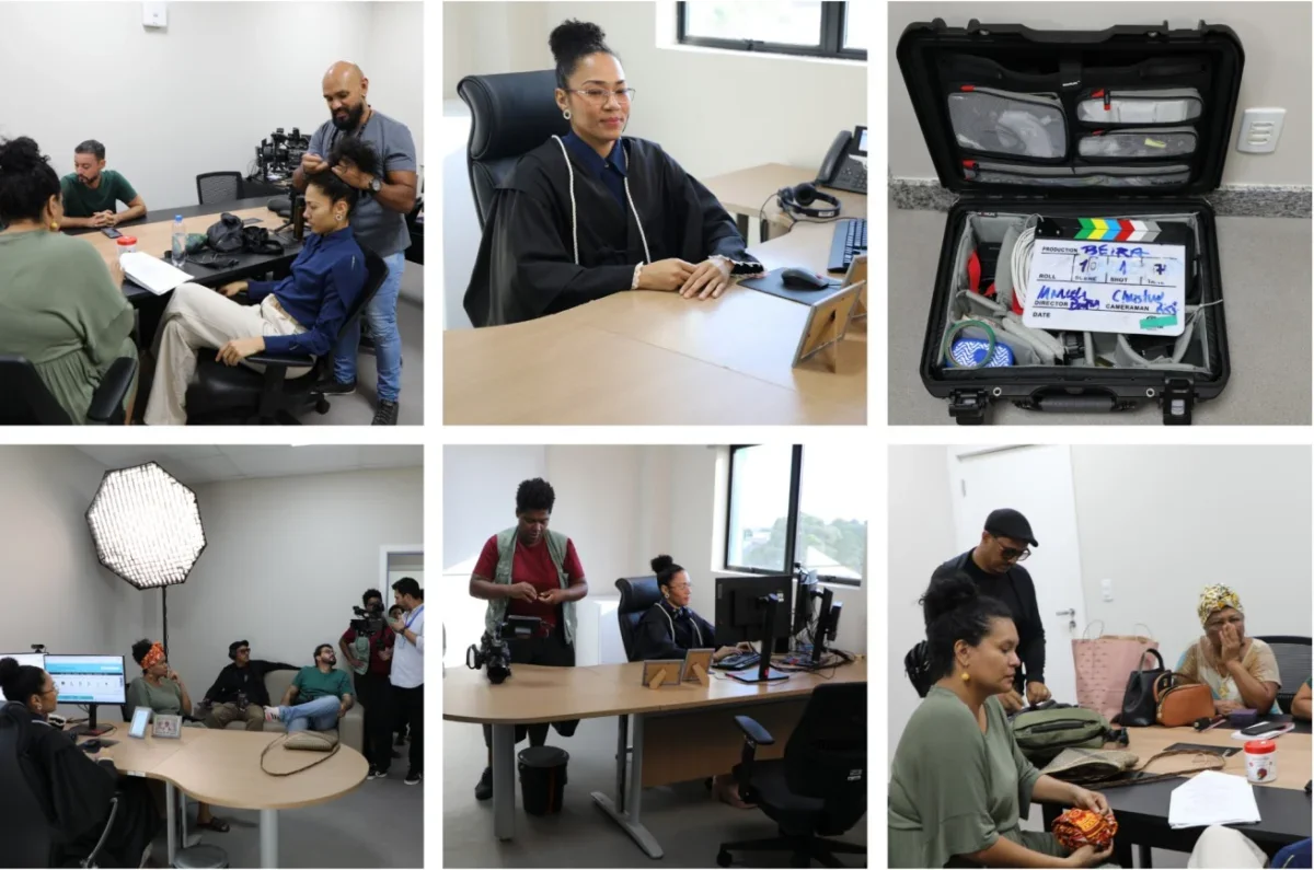 A colagem de fotos mostra vários momentos da gravação do filme.