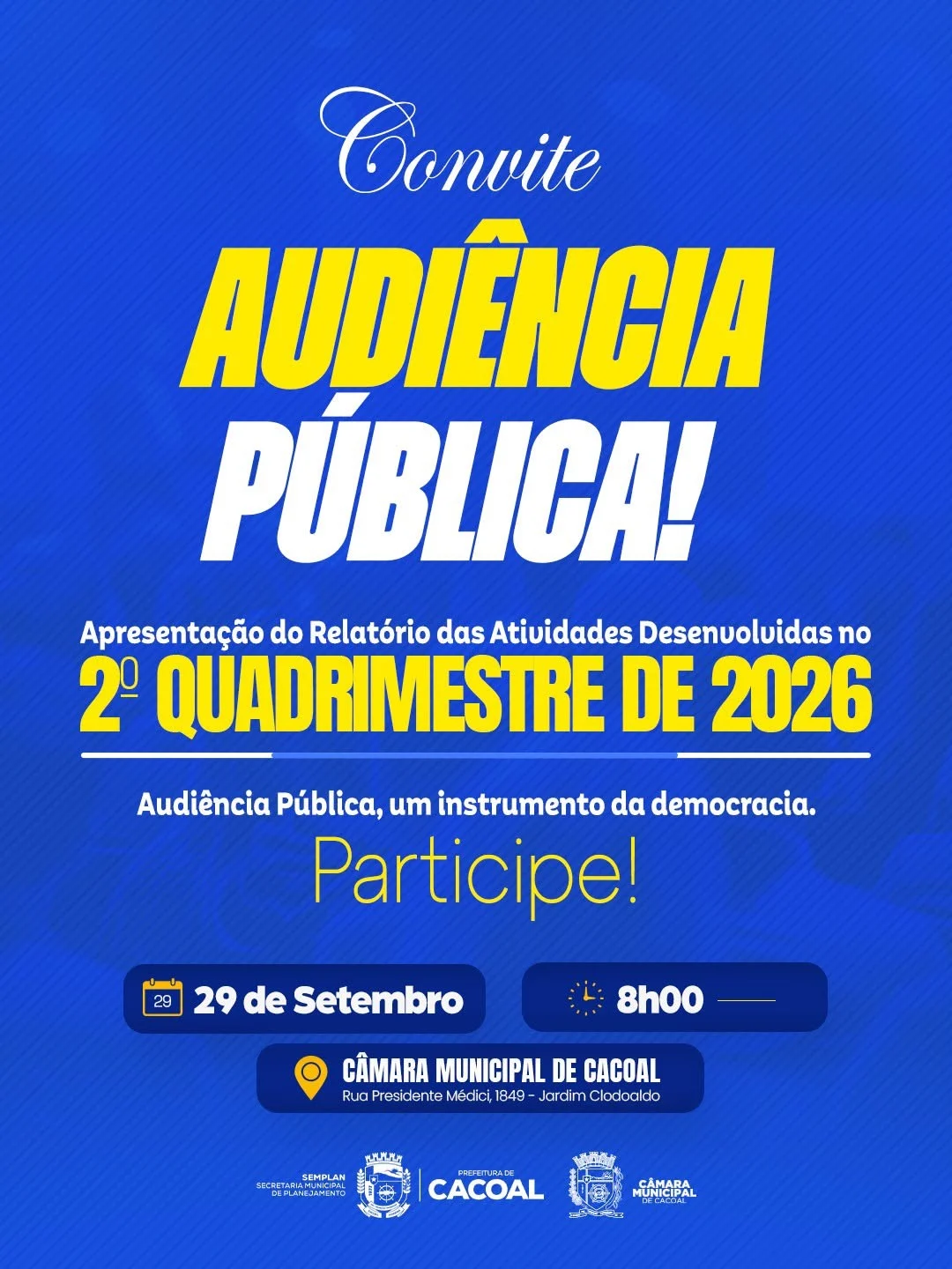 Prefeitura de Cacoal apresentará resultados do 2º quadrimestre em audiência pública no próximo dia 29