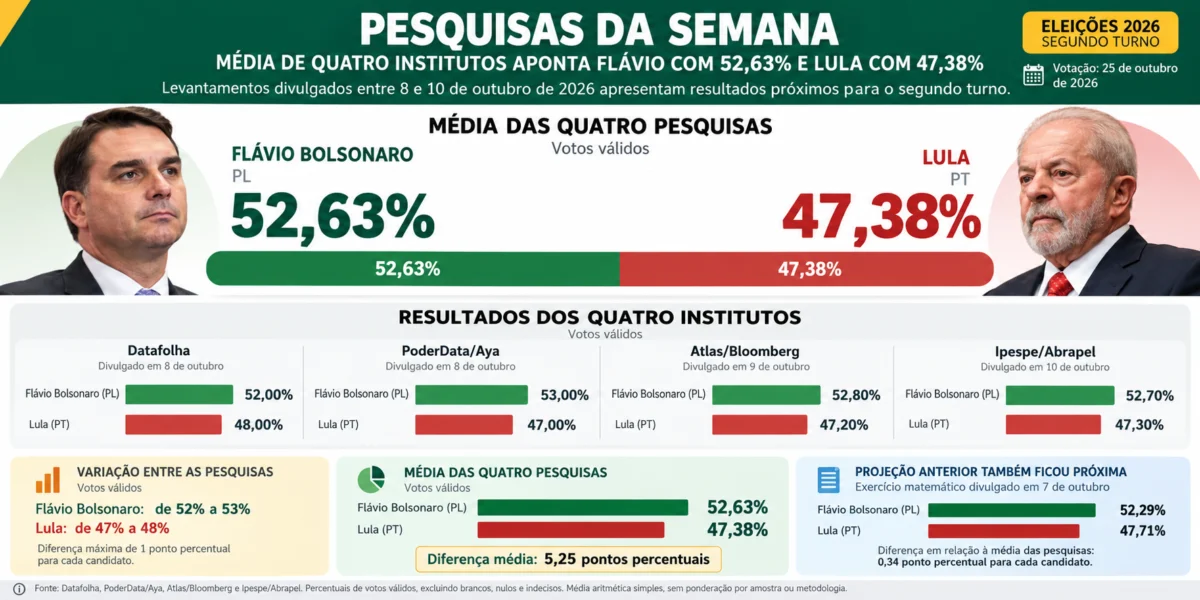 Pesquisas da semana: média de quatro institutos aponta Flávio com 52,63% e Lula com 47,38%